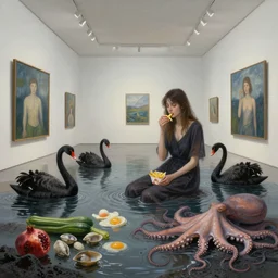 realistic painting of a flooded modern art gallery and a tall emo woman eating french fries, interior of an art gallery, molluscs, courgettes, black swans, lava, pomegranates, raw eggs, sensual, octopus, puddles, zen, surrealist, by magritte and monet and hasui kawase