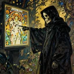 death pointing at the screen, skull and black robes, Alphonse Mucha
