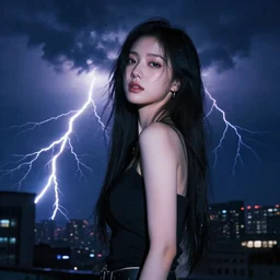 lee jin - eun soaring vicious thunderstorms of thunder and lightnijg in cyberpunk theme by conrad roset, nicola samuri, dino valls, m. w. kaluta, rule of thirds, seductive look, beautiful