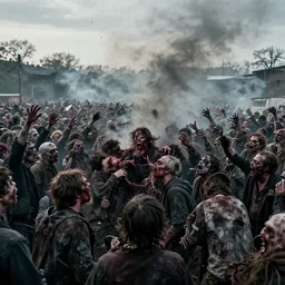 distant footage of a crowd being devoured by zombies