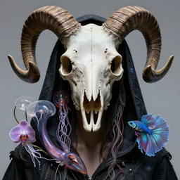 hooded goddess close - up portrait hooded human skull, ram skull, squid phoenix jellyfish, orchid, betta fish, bioluminiscent, intricate artwork by tooth wu and wlop and beeple. octane render, trending on artstation, greg rutkowski very coherent symmetrical artwork. cinematic, hyper realism, high detail, octane render, 8 k