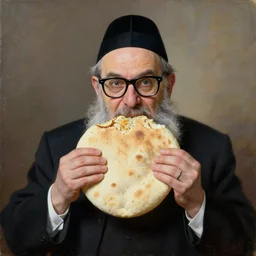 a funny looking rabbi with thick glasses holding and eating a big pita painting