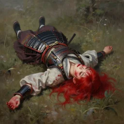 landscape, portrait painting beautiful realism, a japanese girl red hair in armor who was sprawled out was about to rise, his face covered in blood. cinematic scene, good lighting, fine art, trending on artstation, smooth draw, sharp focus.