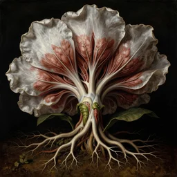 veins and muscle tissue growing from the earth as a flower, elegant, dark, by giuseppe arcimboldo and ambrosius benson, a touch of beksinski, realistic, renaissance