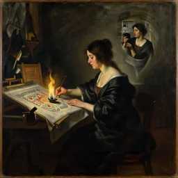 oil painting on wood. limited color palette. 1 8 9 6. a study of a woman in an embroidery studio by herbert james draper, sir lawrence alma - tadema, john william godward. epitome of baroque. gloomy atmosphere. lit by flame. chiaroscuro. cinematic criterion composition by kurosawa, kubrick. trippy breathing photograph. tricks of illusion to create depth. ambient occlusion. dark shadows. composition of renaissance. dynamic background.