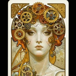 A close-up portrait of a beautiful female android wearing an intricate cracked porcelain face by Alphonse Mucha , exposed inner gears, steampunk, art nouveau, card, concept art, trending on artstation