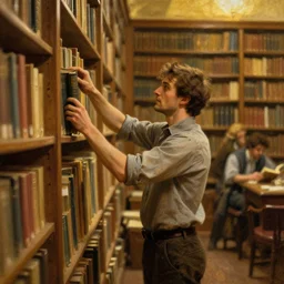 attractive librarian man pulling a book from a shelf, dusty library, golden hour painting by tom of finland, gaston bussiere, craig mullins, j. c. leyendecker, alphonse mucha