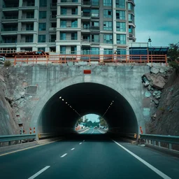 establishing shot of roadway tunnel construction, an apartment building directly above the tunnel construction, large highway entering the tunnel, wide establishing shot, dark teal lighting, soft dramatic lighting, sharp focus, 4 k digital camera