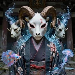 3 d liminal space abandoned temple frontal portrait with ram skull. beautiful intricately detailed japanese crow kitsune mask and clasical japanese kimono. betta fish, jellyfish phoenix, bio luminescent, plasma, ice, water, wind, creature, artwork by tooth wu and wlop and beeple and greg rutkowski
