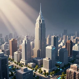a city that resembles a voxel scape, volumetric lighting, light rays, photorealistic, ultrarealistic, coronarender, 8k