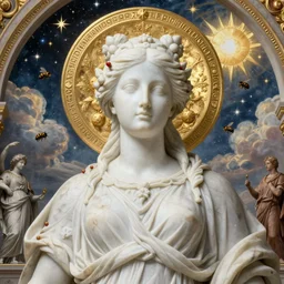 italian masterpiece, white marble sculpture, Halo, space, intricate, majestic, baroque, portrait, sistina, saint Woman, Venus godness Athena, beautiful, gracious, pagans, marble and gold, space, stars, clouds, sun, greeks, coerent face, fruits, bioluminescent skin, Sky, Skies, bees, pomegranade, by annie leibovitz, render, artstation