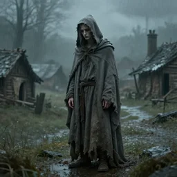 a wandering, pale, sad wizard, dressed in a ragged, shabby grey traveling cloak. The background is a poor village in the rain, fantasy concept art by Claudio Tumiati and Ala Kapustka, trending on Artstation.