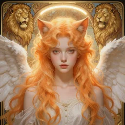 Portrait of a girl angel with pale orange colored frizzy strands of illuminated hair, cat ears on her head, glowing halo, Lion's Mane, Lion's Gate, 8/8, fantasy, intricate, elegant, highly detailed, digital painting, artstation, concept art, smooth, sharp focus, illustration, art by Krenz Cushart and Artem Demura and alphonse mucha