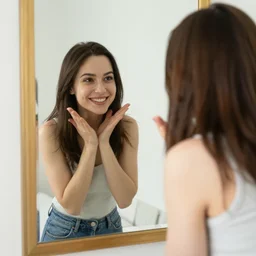 she recognizes her own reflection in the mirror and smiles because she knows everything is going to be ok