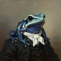 a head - and - shoulders portrait of an amazon milk frog looking off camera wearing a black buttoned jacket with a white ascot, an american romanticism painting, a portrait painting, cgsociety, soft focus, oil on canvas