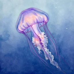 a realist watercolor painting of a beautiful purple - striped jellyfish underwater, in the style of joseph zbukvic