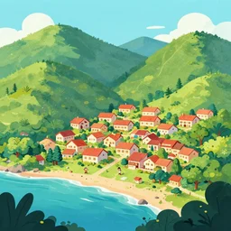 illustration of an happy village in a beautiful landscape of Ocean and Lush by Philipsue trendy on artstation