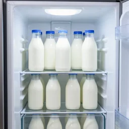 refrigerator full of milk bottles