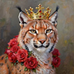 an expressive oil painting of a lynx waring a crown!!!!!!! made out of roses, high quality art,