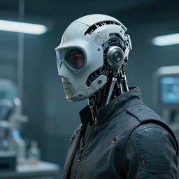 a half masked laboratory technician man with cybernetic enhancements seen from a distance, scifi character portrait by greg rutkowski, craig mullins, 1 / 4 headshot, cinematic lighting, dystopian scifi outfit, profile picture, mechanical, cyborg, half robot