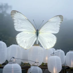 on a misty, overcast morning, a large, glowing white butterfly perched on a pile of white lanterns, by craig mullins