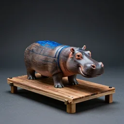 a photo of a model hippo made of repurposed dock ( wood ), река стол из эпоксиднои смолы от ассамблея ах мир, brown wood composite mixed with straight lines, blue epoxy resin, dramatic lighting, studio zeiss 1 5 0 mm f 2. 8 hasselblad, award - winning photo