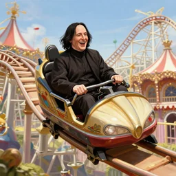 a stunning matte painting of a smiling and laughing severus snape riding a roller coaster at a carnival and having a great time, bright sunny day, intricate, elegant, highly detailed, digital painting, artstation, sharp focus, octane render, volumetric lighting, art by rebecca guay and arthur rackham and alphonse mucha and john william waterhouse, pixv