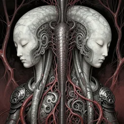 tiger alien, tubular creature, blood vesels, no face, dystopian surrealism, artstyle alex ries zdzisław beksinski, symmetry accurate features, very intricate details, hres, 4 k, naraka buddhist demon korean female, symmetrical long head, smooth marble surfaces, detailed ink illustration, metal gear, cinematic smooth stone, deep aesthetic, concept art, post process,