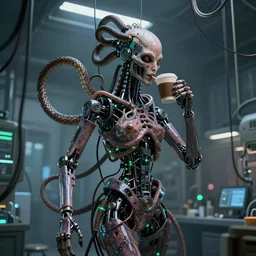 the upper torso of a terminator gorgon medusa with borg implants and robotic snakes coming out of her head is hanging from cables and wires off the ceiling of a lab. Her bottom half is missing with cables hanging out. Tiny green led lights in her cybernetics. She is taking a sip from a cup of coffee. very detailed 8k. Horror cyberpunk style.