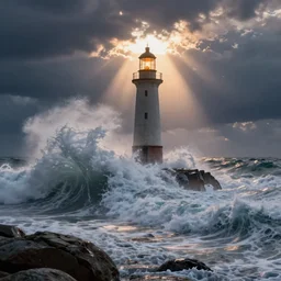huge waves crashing over a lighthouse on rocks with huge, very huge waves, scenic full shot, ambient lighting, stormy sky, god rays