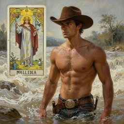 a dramatic, epic, ethereal painting of a handsome brown shirtless cowboy | background is a torrential flooding river | tarot!! card, art deco, art nouveau | by Mark Maggiori | trending on artstation