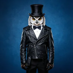 one owl wearing black biker jacket, portrait photo, backlit, textured kobalt blue background, studio photo, suit, bow tie, tophat, tophat, feathery hands
