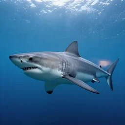 giant great white shark coming from the bottom of the ocean towards the surface with its jaw open and pointy teeth showing, trending on artstation, digital art, fog, sun flare, rain