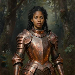 a detailed, beautiful oil painting of a warrior woman who looks like keisha castle hughes, wearing intricate, etched copper armor in an ancient forest, by michael whelan, donato giancola, and william adolphe bouguereau