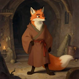 an anthropomorphic fox man wearing robes in a dungeon, character illustration by disney, greg rutkowski, thomas kinkade, Howard Pyle, El Greco, Cynthia Sheppard