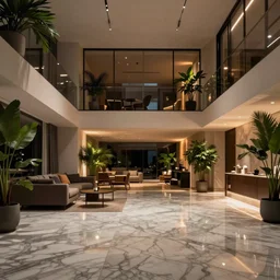 a stylish apartment interior, high tech, marble floors, plants, warm moody lighting, wide angle lens, low level view, in the style of blade runner, trending on artstation, 8k,