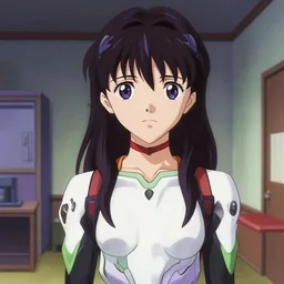 lighting by james gurney. close portrait. interior bg. screenshot of a scene in neongenesisevangelion of miss 葛 城 ミサト painted by norman rockwell. character designed by hideaki anno. long shoulderlength wavy dark purple hair. 1 9 9 0 s attire. composition. digital. trending on artstation. masterpiece.