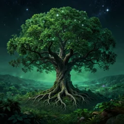 the biblical tree with branches in the stars and roots in the underworld, matte landscape, vast, epic, starry, lush, greenery, cinematic color scheme, by greg rutkowski, artstation, 4 k wallpaper, uhd quality, unreal engine, glossy paper quality