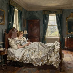 painting of emma stone!!! on a victorian bed in a big old room, wide shot by lucian freud