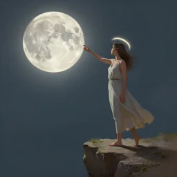 a painterly illustration of a woman standing on a cliff edge reaching out to the moon and touching it with her hand, octane render, digital, painting, halo, masterpiece