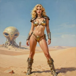 A mixed media portrait painting of a beautiful blonde woman posing on a desert alien planet, soldier, curvy, Dune-style armored bikini and boots, detailed Aesthetic! face and eyes, slavic, by Boris Vallejo, Beeple, Frank Frazetta, Greg Rutkowski, Christian MacNevin, epic fantasy character art, high fantasy, CGsociety, 60's Sci-fi Pinup style, exquisite detail, post-processing, masterpiece, cinematic, crysis