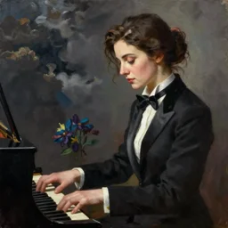 woman, dressed in black tie, fowers, dark clouds, stylish, play the piano, greg hildebrandt fancy oil painting high quality luxury clothes