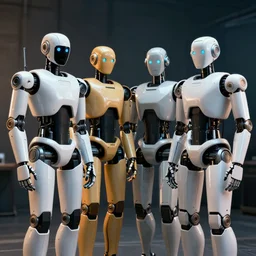 photo four humanoid robots posing, cinematic