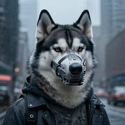 new york city portrait of furry anthro anthropomorphic malamute husky head animal person fursona wearing clothes strange cybernetic augmentations cyber muzzle gloomy rainy cyberpunk digital art by Greg Rutkowski, Simon Stalenhag, trending on Artstation, CGSociety