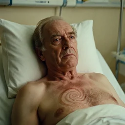 7 0 s movie still of a old man with a spiral on the chest in the hospital, cinestill 8 0 0 t 3 5 mm eastmancolor, heavy grain, high quality, high detail