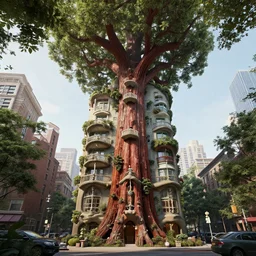 graceful organic apartment building emerging from the trunk of a redwood tree in chicago, in the style of samorost 3 | by gaudi, very wide angle, 4 k detailed post - processing, cinematic light, intricate detail, octane render