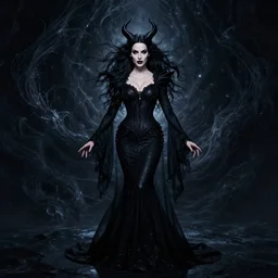 style of jeremy mann : : gorgeous willa holland : : evil witch, swirling black magic, black dress : : symmetrical face, symmetrical eyes : : full body pose : : gorgeous black hair : : magic lighting, low spacial lighting : :