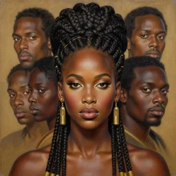 a super detailed matte portrait painting of jennifer lawrence as a nubian queen with hair braided traditionally, hires, 4 k, symmetrical, centered, art by tim hildebrandt, gerald brom, frank frazetta, michael whelan, keith parkinson
