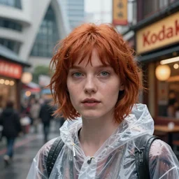 Kodak Portra 400, 8K, highly detailed, wachowski 3/4 extreme closeup portrait, clear eyes, focus on clear transparent raincoat redhead short hair model, tilt shift zaha hadid style background: famous blade runner remake, tokyo izakaya scene