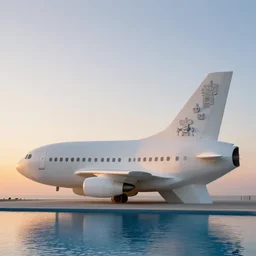 photo of minimalist abstract cubist sculpture of curvy spaceship with random small mecha mayan decorations, covered with few large white airplane parts with windows and doors, gigantic size, sunset lighting by a pool